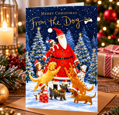 Abacus From the Dog Christmas card displayed in a warm festive setting