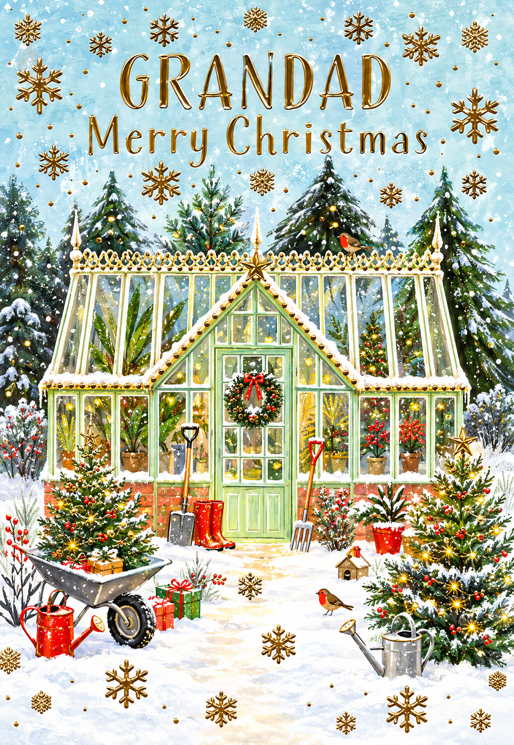 Abacus Grandad Merry Christmas card with snowy greenhouse garden design and gold detailing, 151 x 228mm
