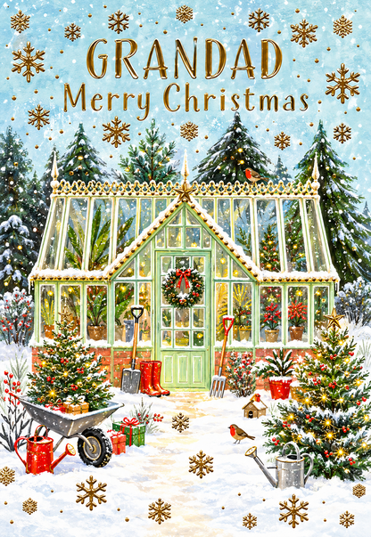 Abacus Grandad Merry Christmas card with snowy greenhouse garden design and gold detailing, 151 x 228mm