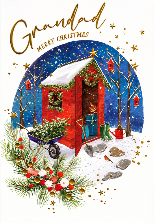 Abacus Grandad Merry Christmas card with festive red garden shed design and gold foil, 151 x 228mm