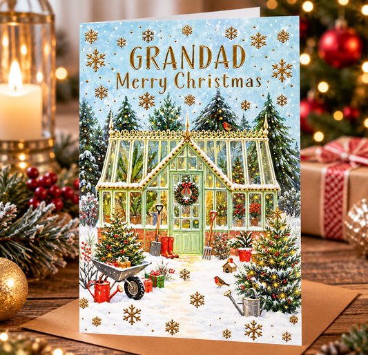 Abacus Grandad Merry Christmas card displayed in a warm festive Christmas setting