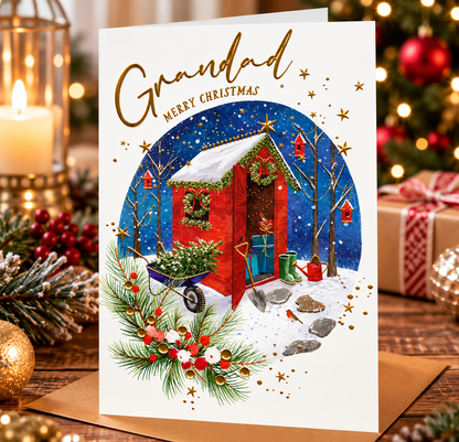 Abacus Grandad Christmas card displayed in a warm festive Christmas setting