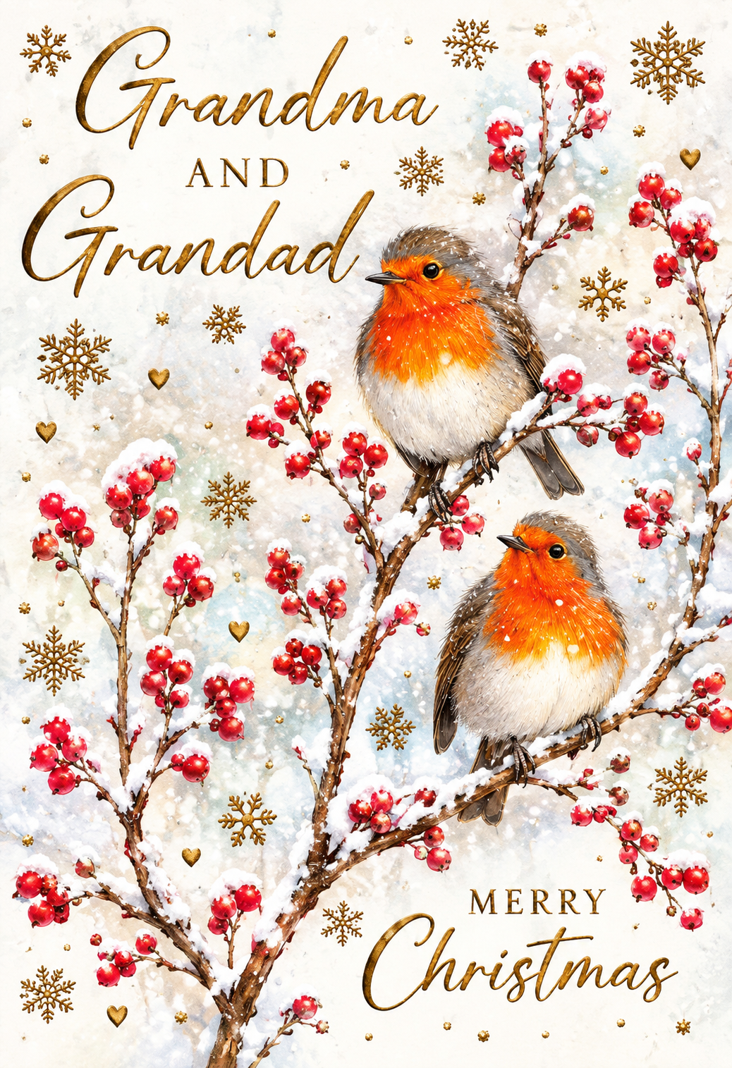 Abacus Grandma and Grandad Christmas card with two robins, snowy red berries and gold detailing, 151 x 228mm