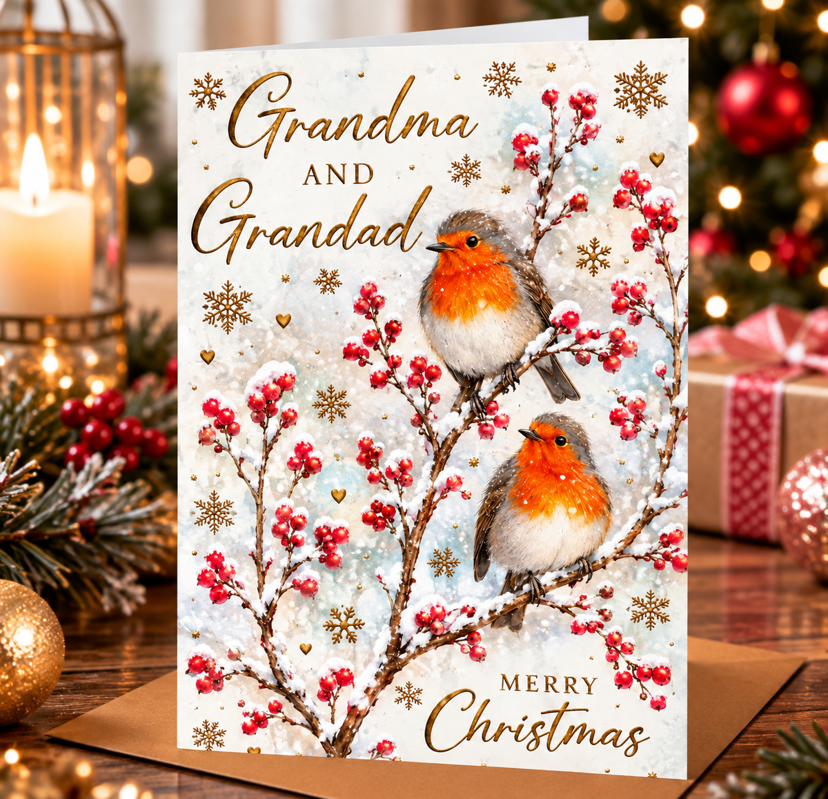 Abacus Grandma and Grandad robin Christmas card displayed in a warm festive setting