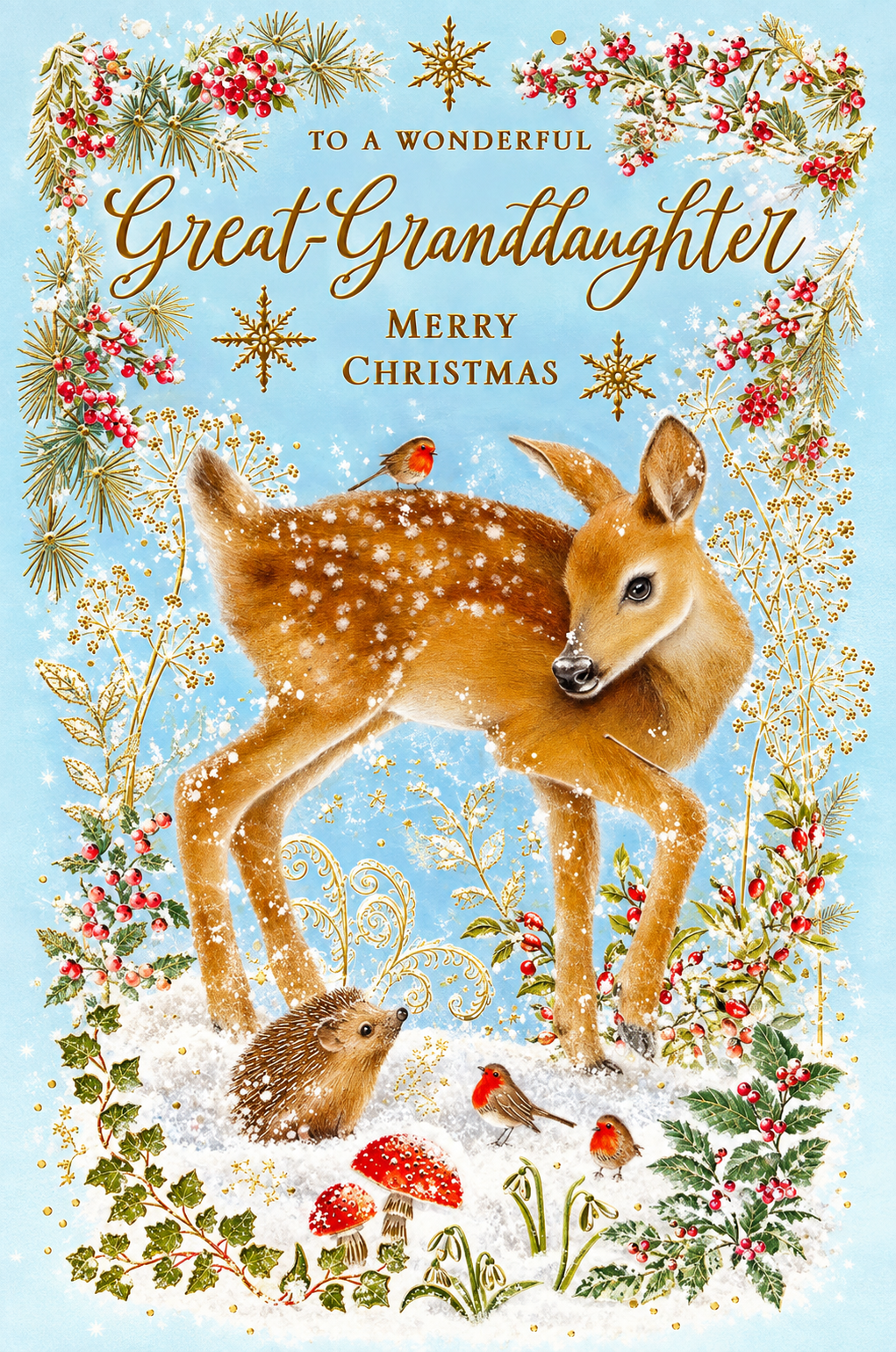 Abacus Great-Granddaughter Christmas card with fawn, robins, hedgehog and gold detailing, 151 x 228mm