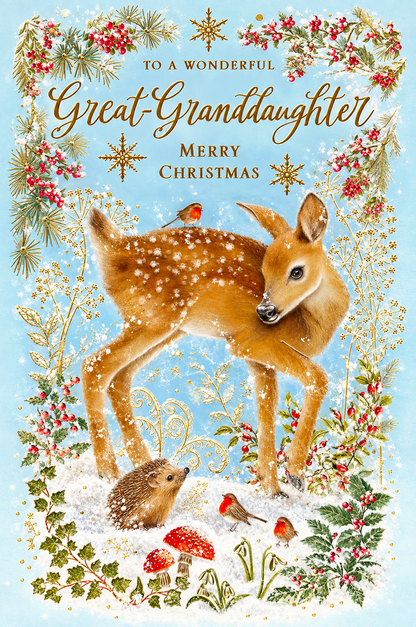 Abacus Great-Granddaughter Christmas card with fawn, robins, hedgehog and gold detailing, 151 x 228mm