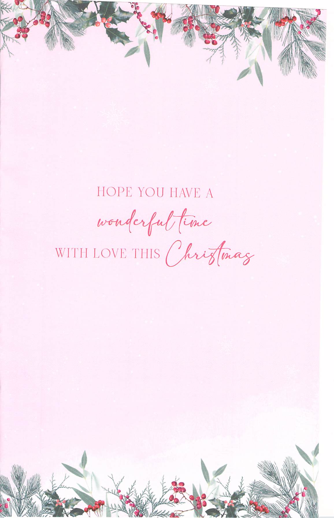 Inside of Abacus Great-Granddaughter Christmas card with festive foliage and message Hope you have a wonderful time with love this Christmas