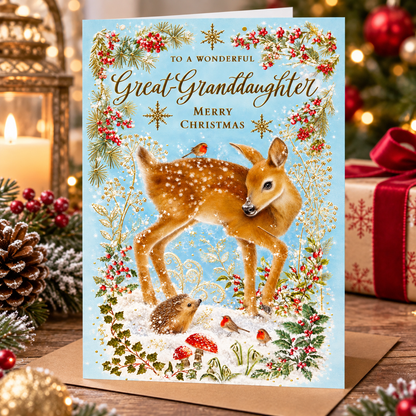 Abacus Great-Granddaughter Christmas card displayed in a warm festive Christmas setting