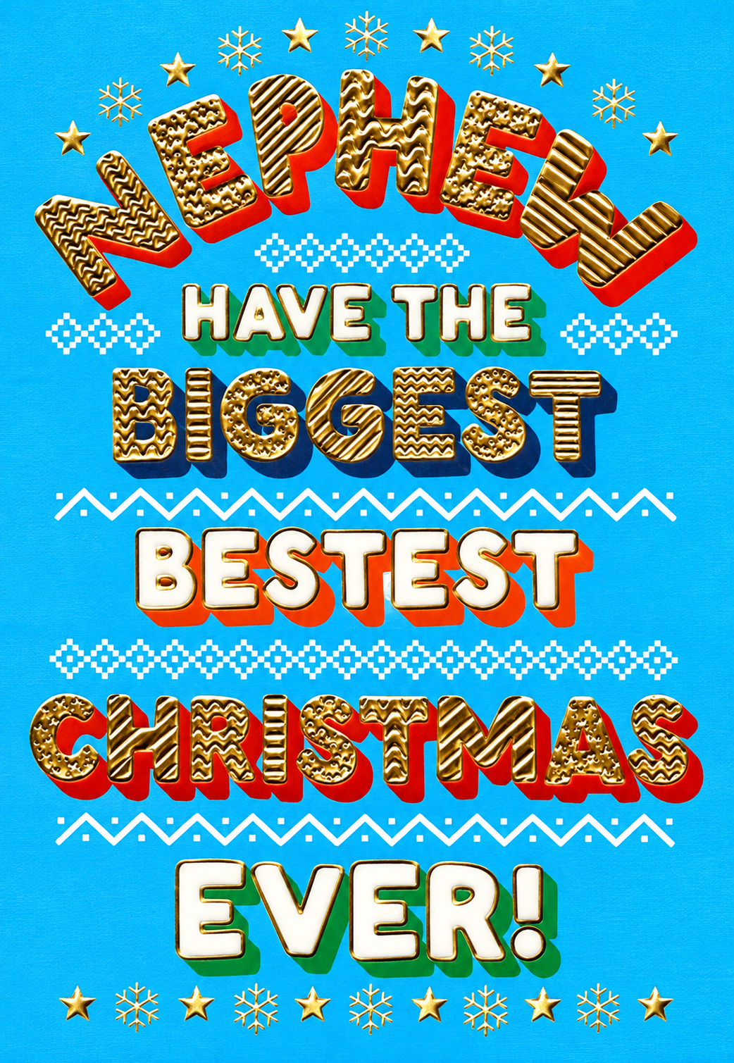 Abacus Nephew Biggest Bestest Christmas Ever card with bright blue background and gold lettering, 151 x 228mm