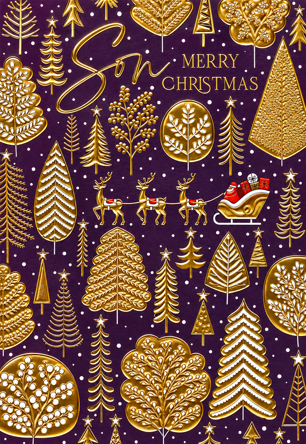 Abacus Son Merry Christmas card with purple background, gold trees, reindeer and sleigh design, 151 x 228mm