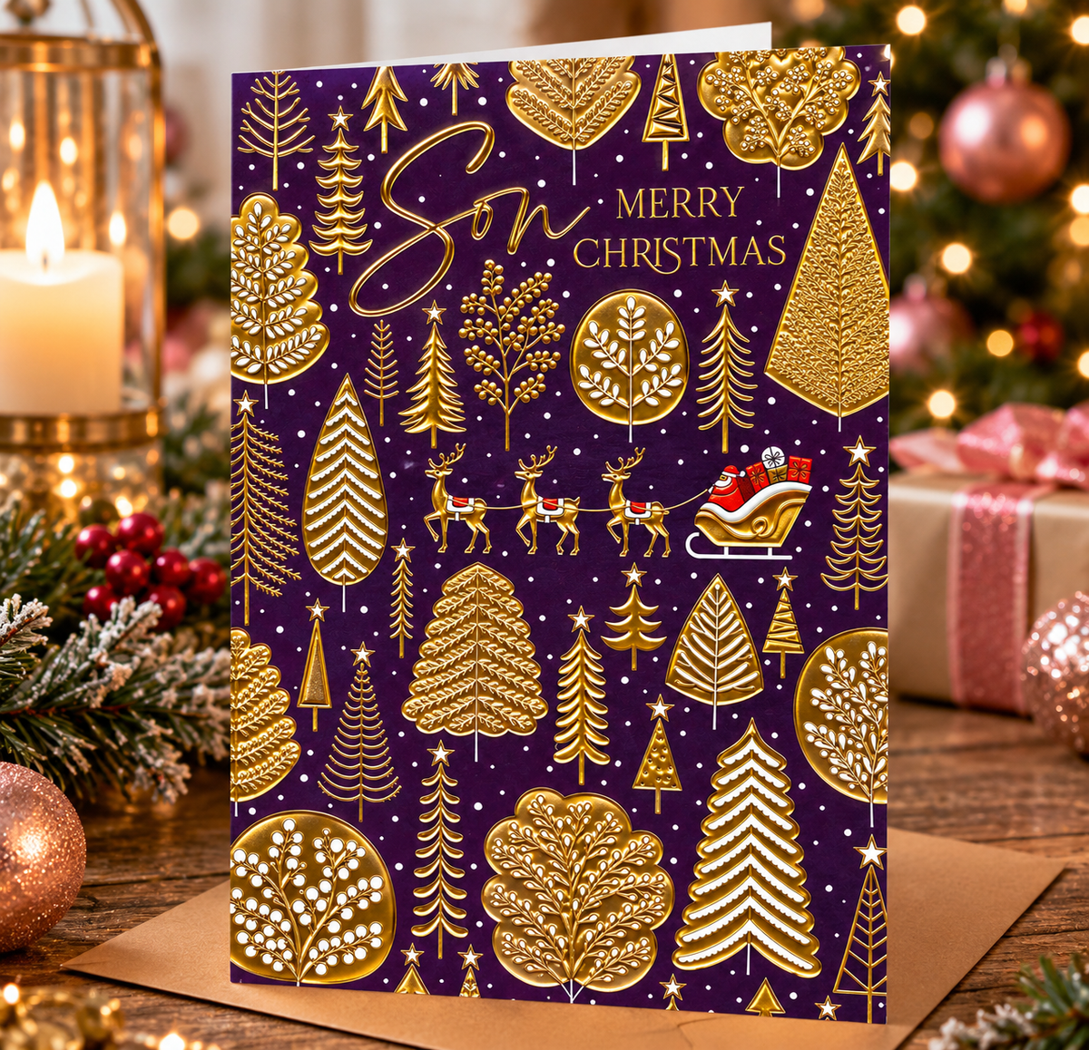 Abacus Son Merry Christmas card displayed in a warm festive Christmas setting