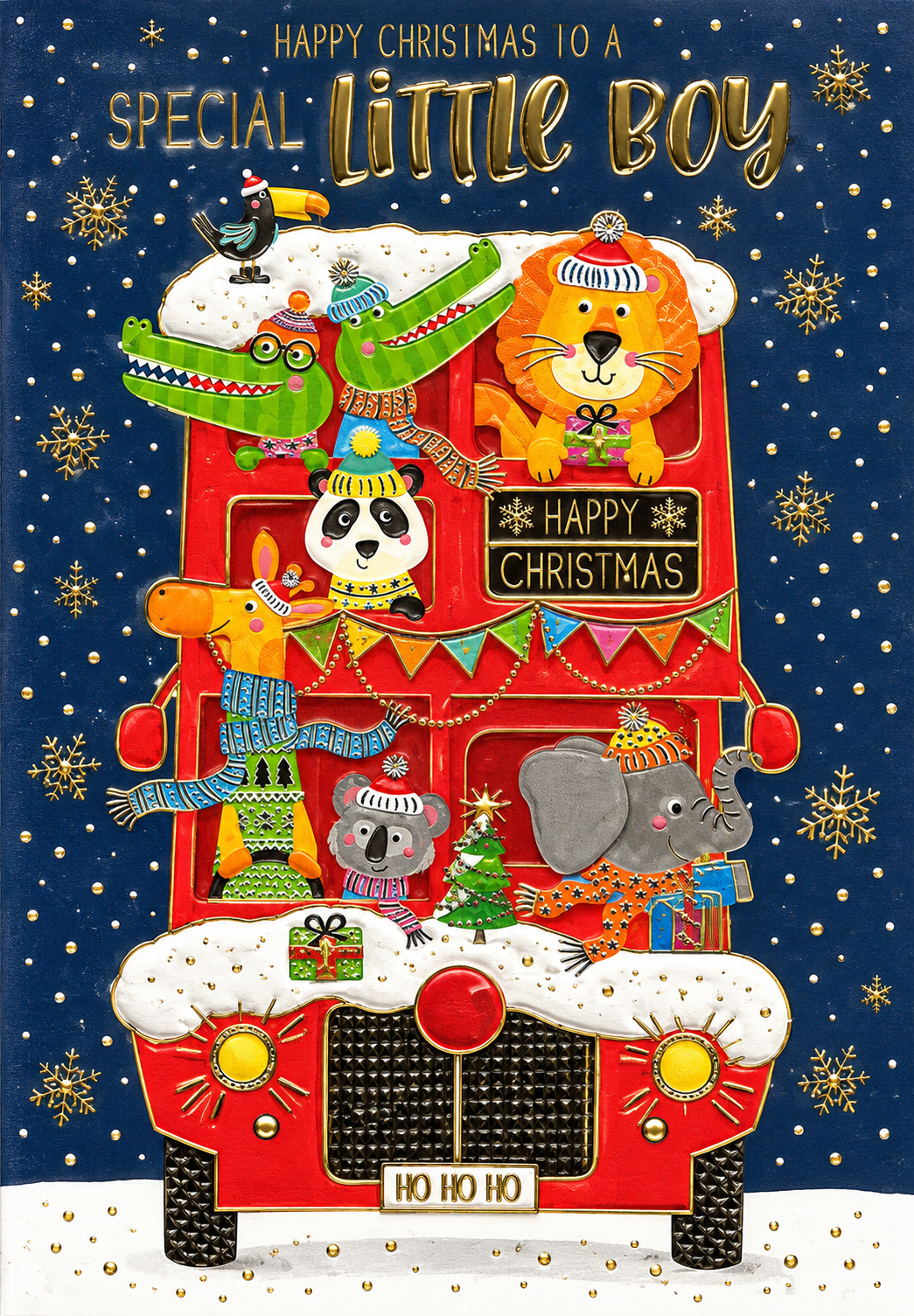 Abacus Special Little Boy Christmas card with festive red bus and colourful animals, 151 x 228mm