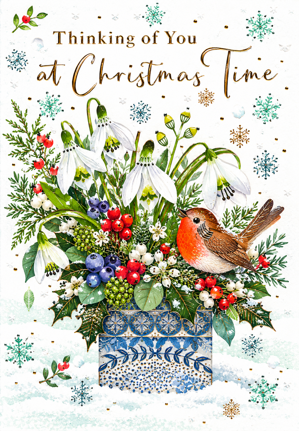 Abacus Thinking of You at Christmas Time card with robin, snowdrops, winter berries and gold detailing, 151 x 228mm