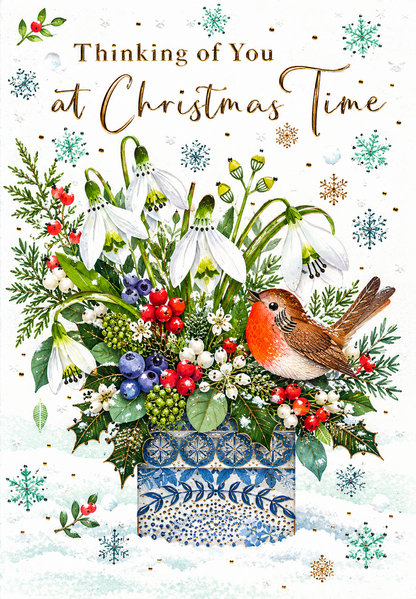 Abacus Thinking of You at Christmas Time card with robin, snowdrops, winter berries and gold detailing, 151 x 228mm
