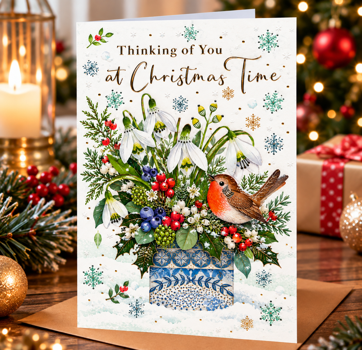 Abacus Thinking of You at Christmas Time card displayed in a warm festive Christmas setting