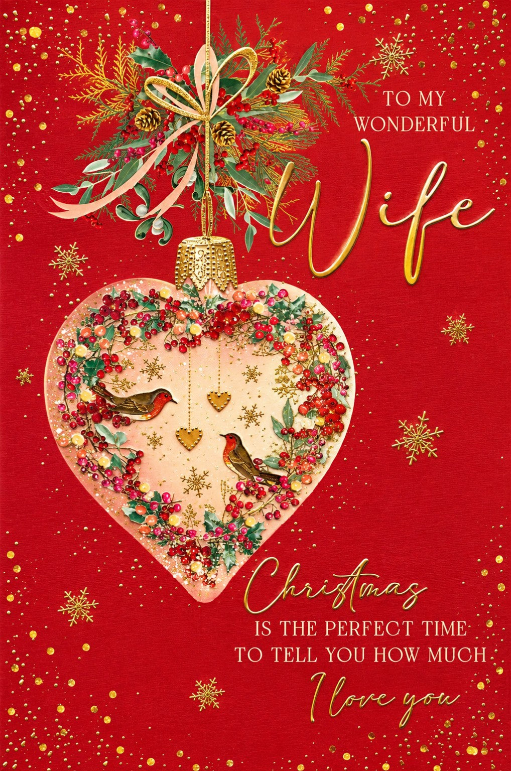 Abacus To My Wonderful Wife Christmas card with red festive design, heart wreath and gold foil, 151 x 228mm