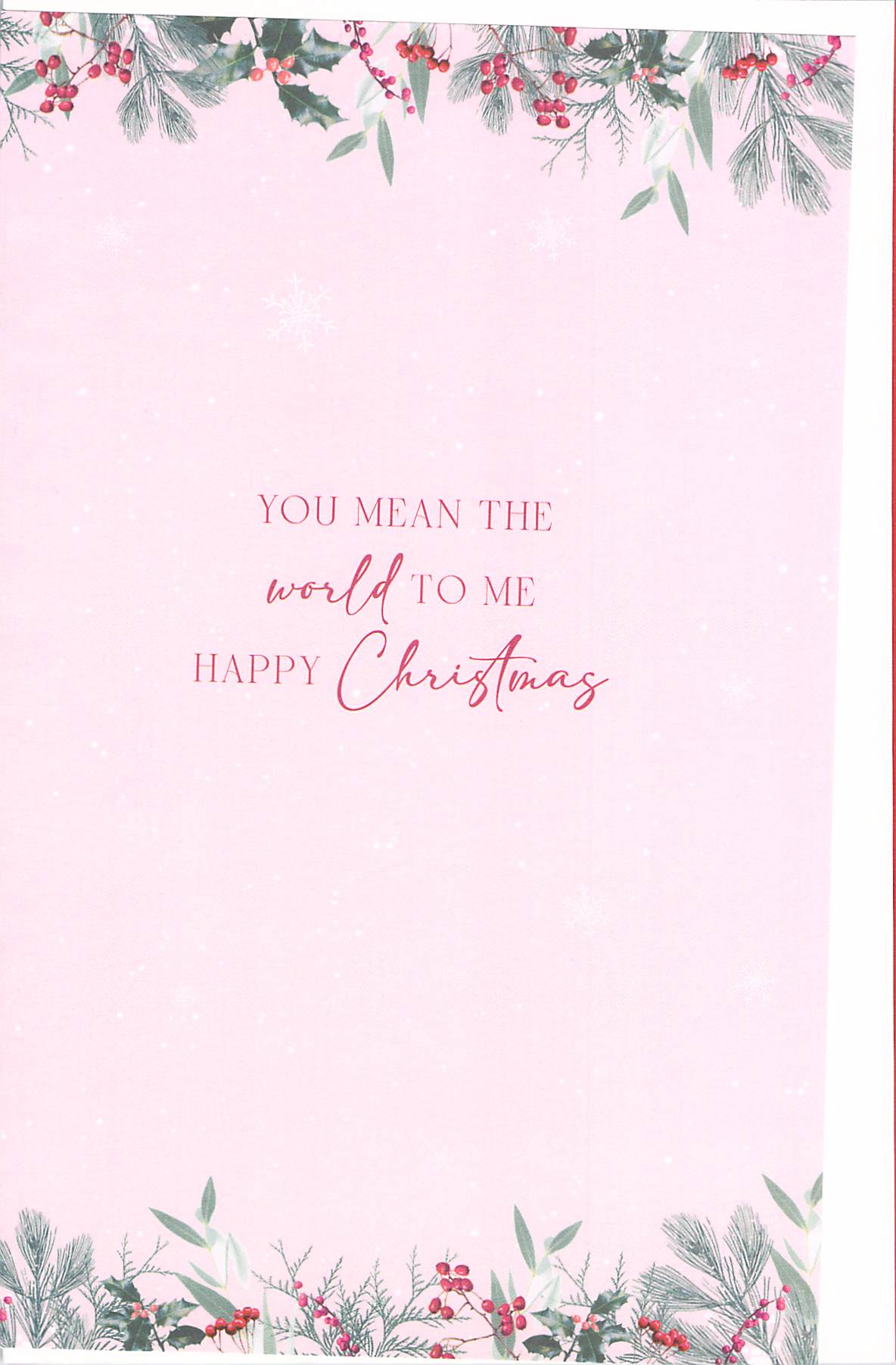 Inside of Abacus Wife Christmas card with festive foliage and message You mean the world to me Happy Christmas