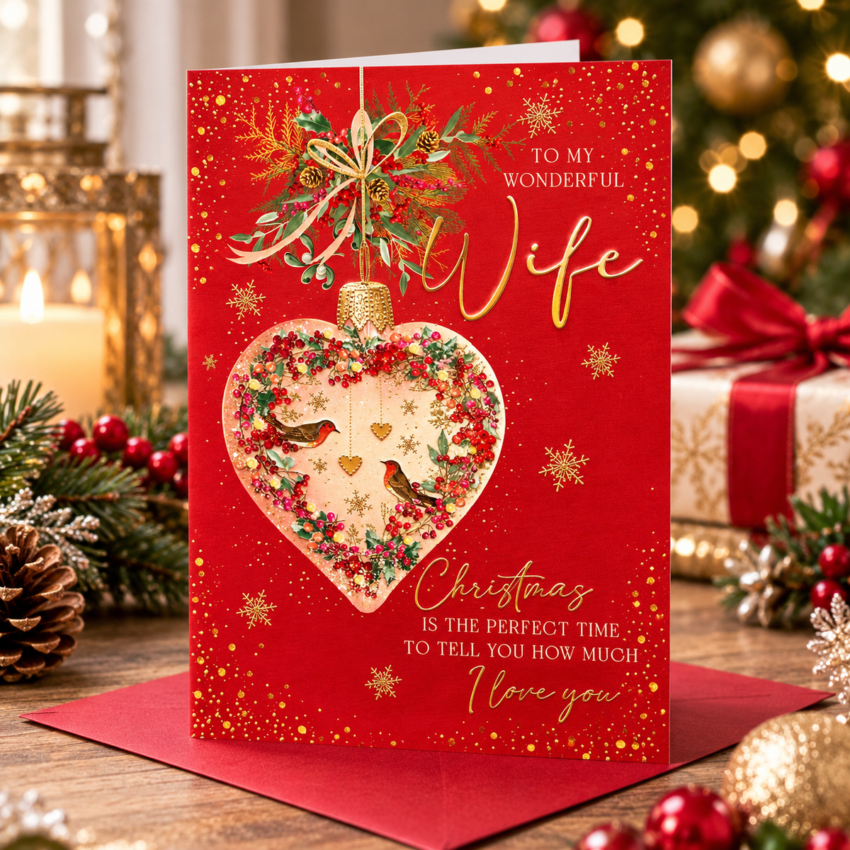 Abacus Wonderful Wife Christmas card displayed in a warm festive Christmas setting