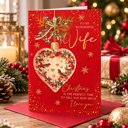Abacus Wonderful Wife Christmas card displayed in a warm festive Christmas setting