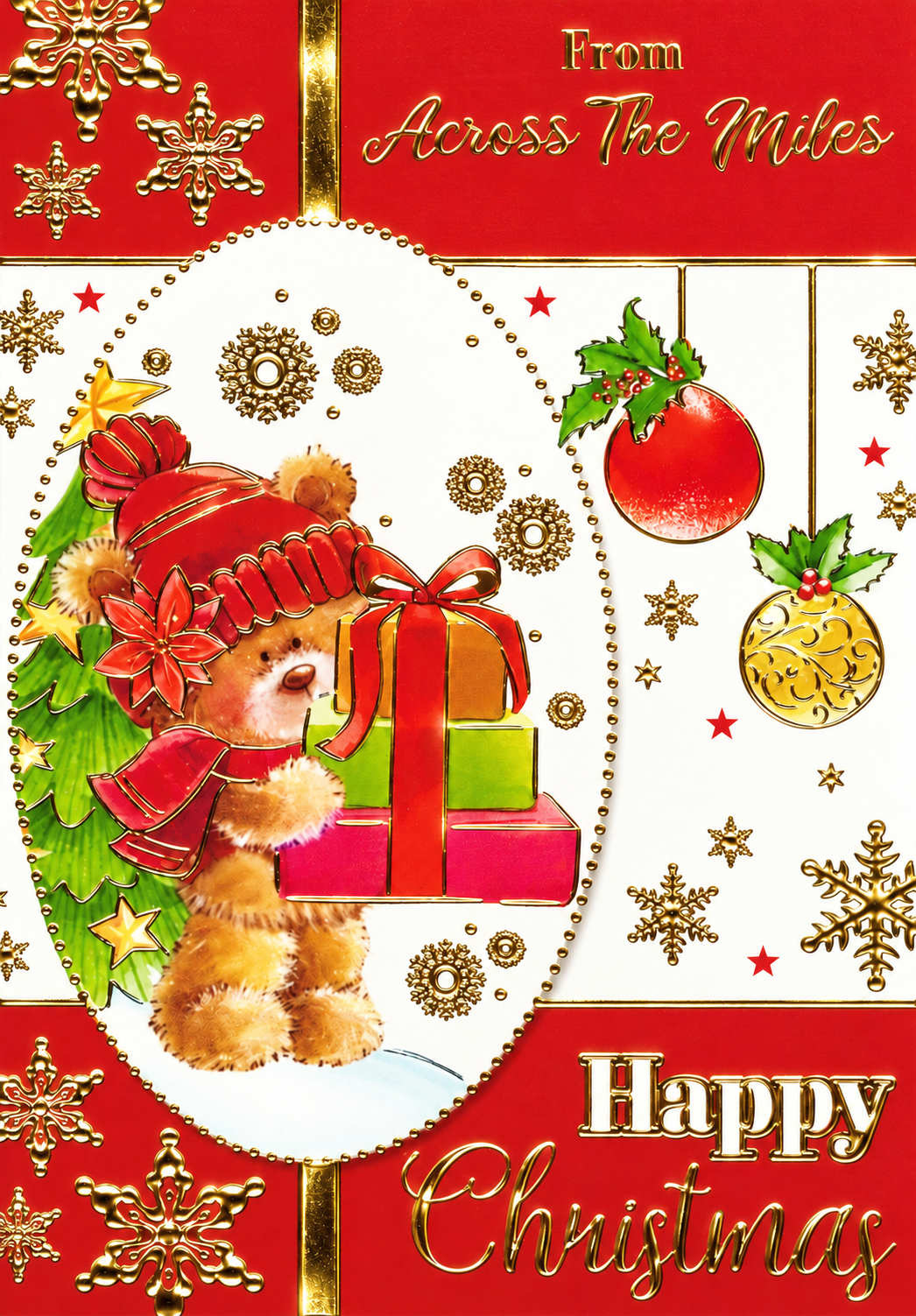 Front of Across the Miles Christmas card showing teddy bear with presents and gold foil snowflakes