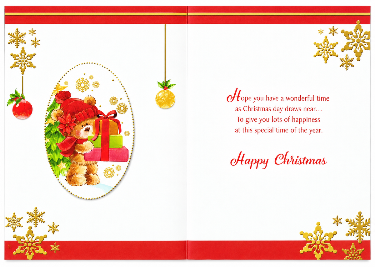 Inside of Across the Miles Christmas card with printed Christmas verse and teddy bear