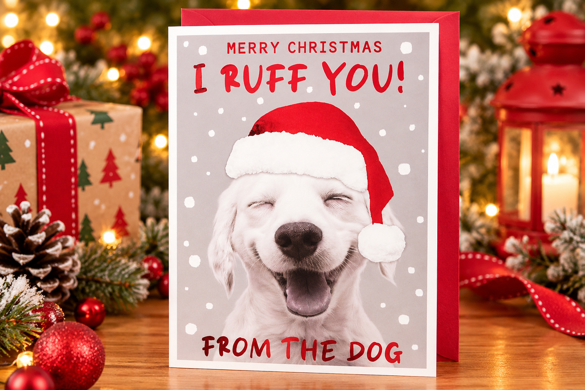 Paperlink Christmas card from the dog displayed among festive gifts and decorations