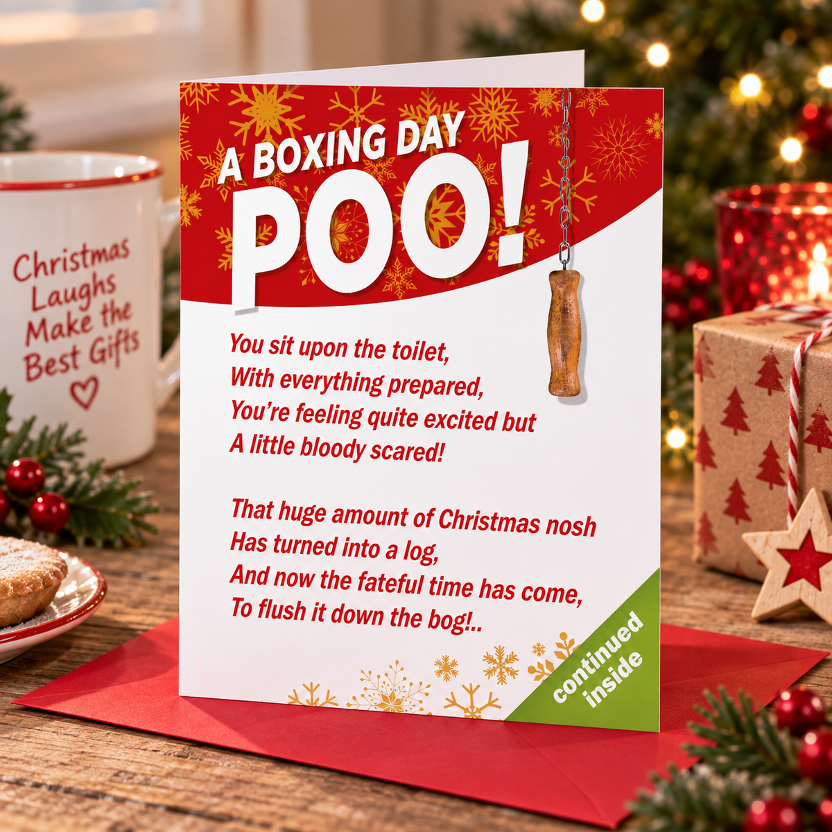 Emotional Rescue funny Boxing Day Poo Christmas card in festive lifestyle setting