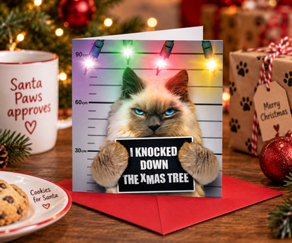 Emotional Rescue funny cat I Knocked Down the Xmas Tree Christmas card festive lifestyle