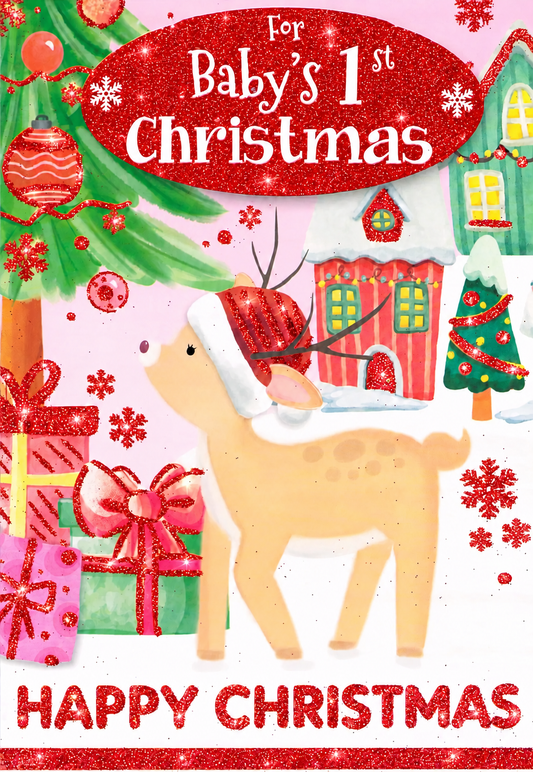 Front of Baby's First Christmas card with a reindeer, snowy Christmas village and red glitter lettering and details
