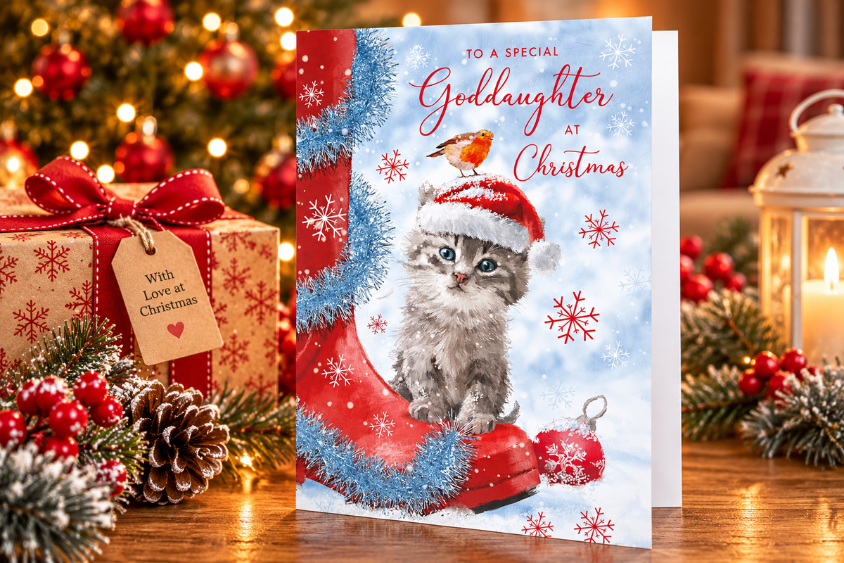 Goddaughter kitten Christmas card displayed with gift and festive decorations