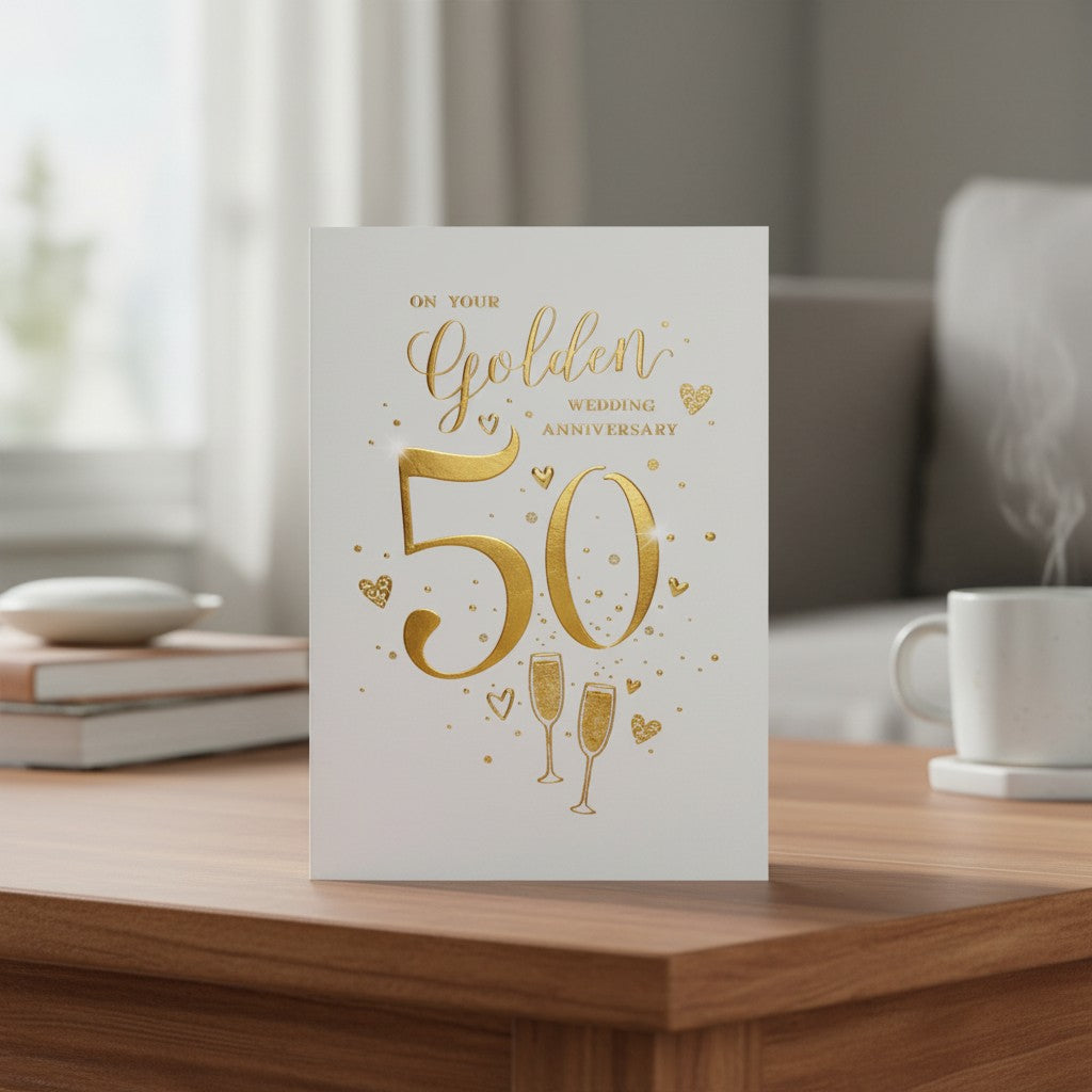 Made To Be Treasured 50th golden wedding anniversary card with elegant gold foil lettering, hearts, and champagne.