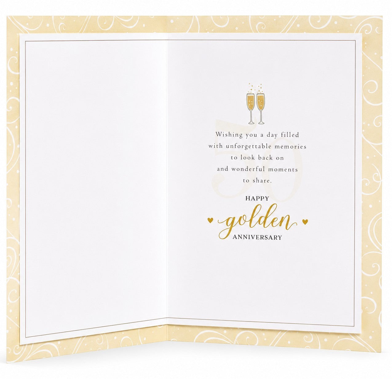 Made To Be Treasured golden wedding anniversary card interior with champagne glasses and heartfelt 50th anniversary verse