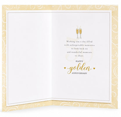Made To Be Treasured golden wedding anniversary card interior with champagne glasses and heartfelt 50th anniversary verse