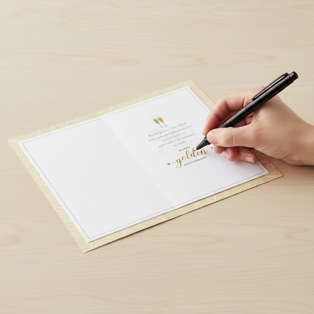 Made To Be Treasured golden wedding anniversary card with champagne glasses and heartfelt verse being signed by hand.