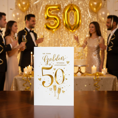 Made To Be Treasured golden wedding anniversary card with gold foil 50, hearts, and champagne glasses design.
