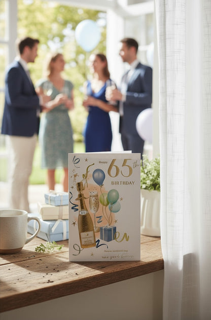 Made To Be Treasured 65th birthday card with champagne bottle, glasses, balloons, and gifts. Gold lettering.