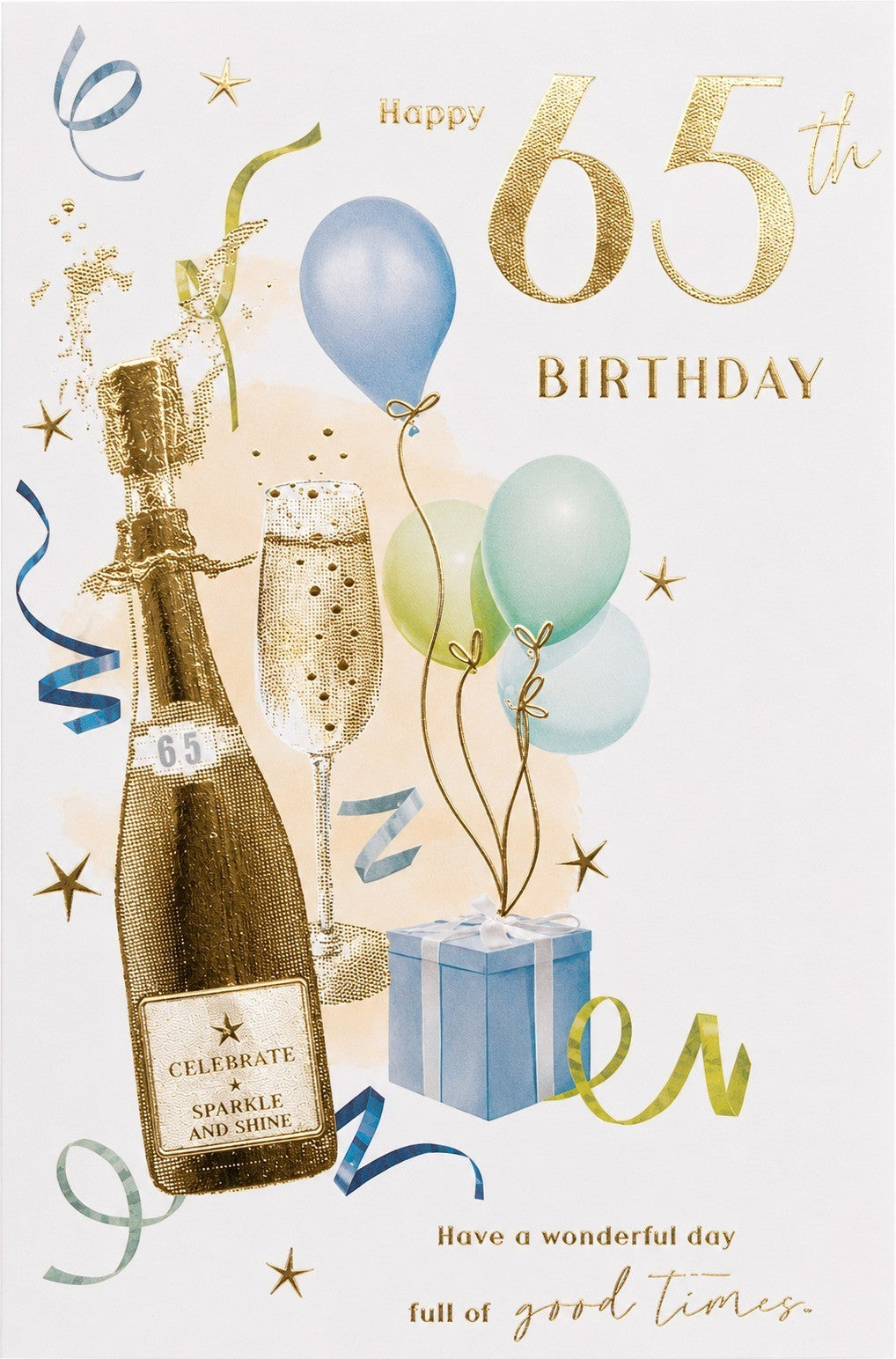 Made To Be Treasured 65th birthday card with champagne bottle, glass, balloons, and gift. Gold lettering.