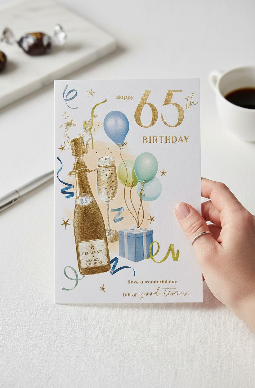 Made To Be Treasured 65th birthday card with champagne bottle, glass, balloons, and gift. Gold lettering.
