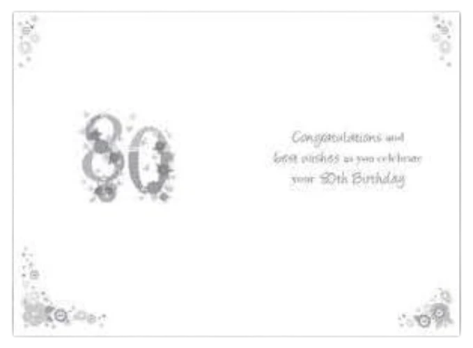 Inside of a Made To Be Treasured Nigel Quiney 80th birthday card with floral number 80 and printed birthday message