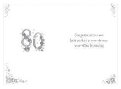 Inside of a Made To Be Treasured Nigel Quiney 80th birthday card with floral number 80 and printed birthday message