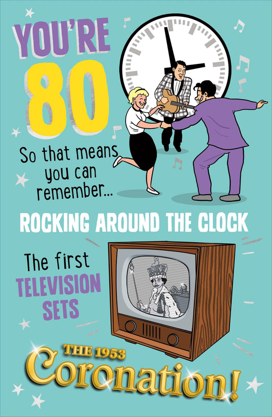 Made To Be Treasured retro 80th birthday card featuring 1950s illustrations of a television and dancing couple.