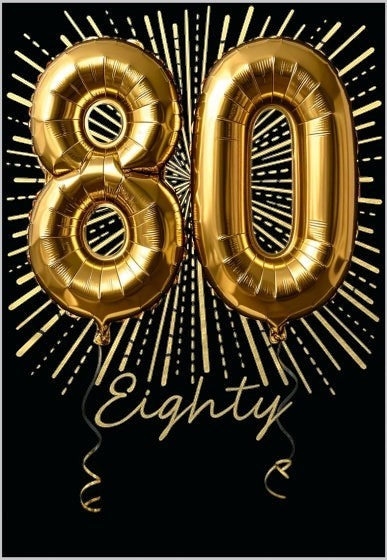 Made To Be Treasured Abacus 80th birthday card featuring gold foil balloon numbers on a black background
