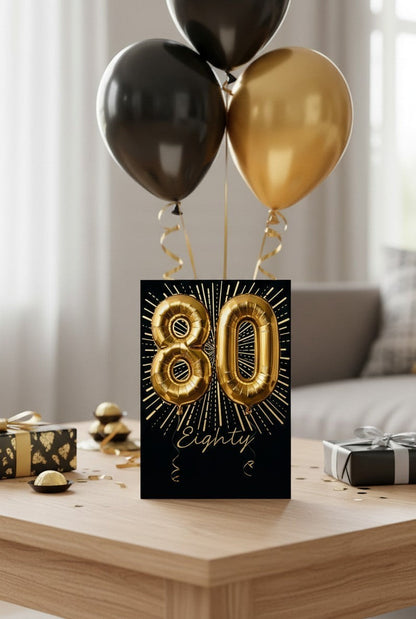 Made To Be Treasured Abacus 80th birthday card featuring gold foil balloon numbers on a black background.