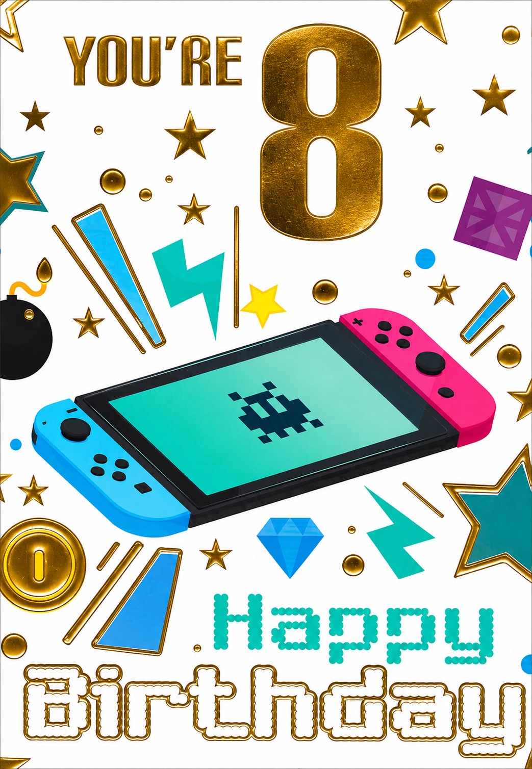 Made To Be Treasured 8th birthday card featuring a colourful gaming console design with gold stars and pixel text.