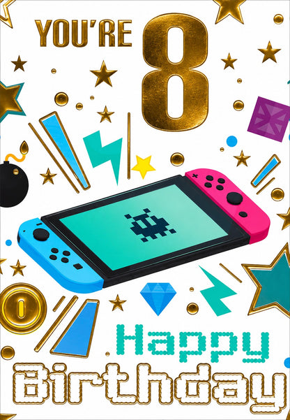 Made To Be Treasured 8th birthday card featuring a colourful gaming console design with gold stars and pixel text.