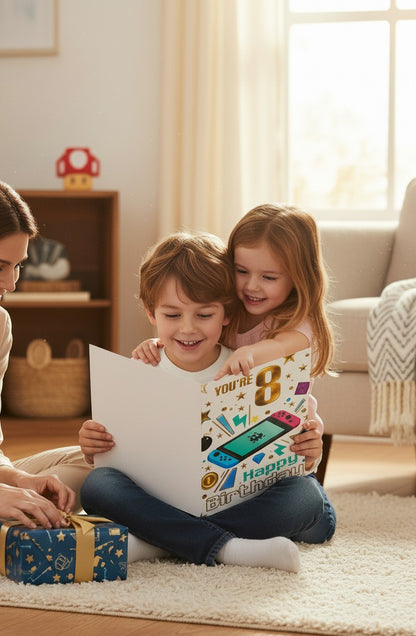 Made To Be Treasured 8th birthday card with gaming console design held by two children in a bright living room