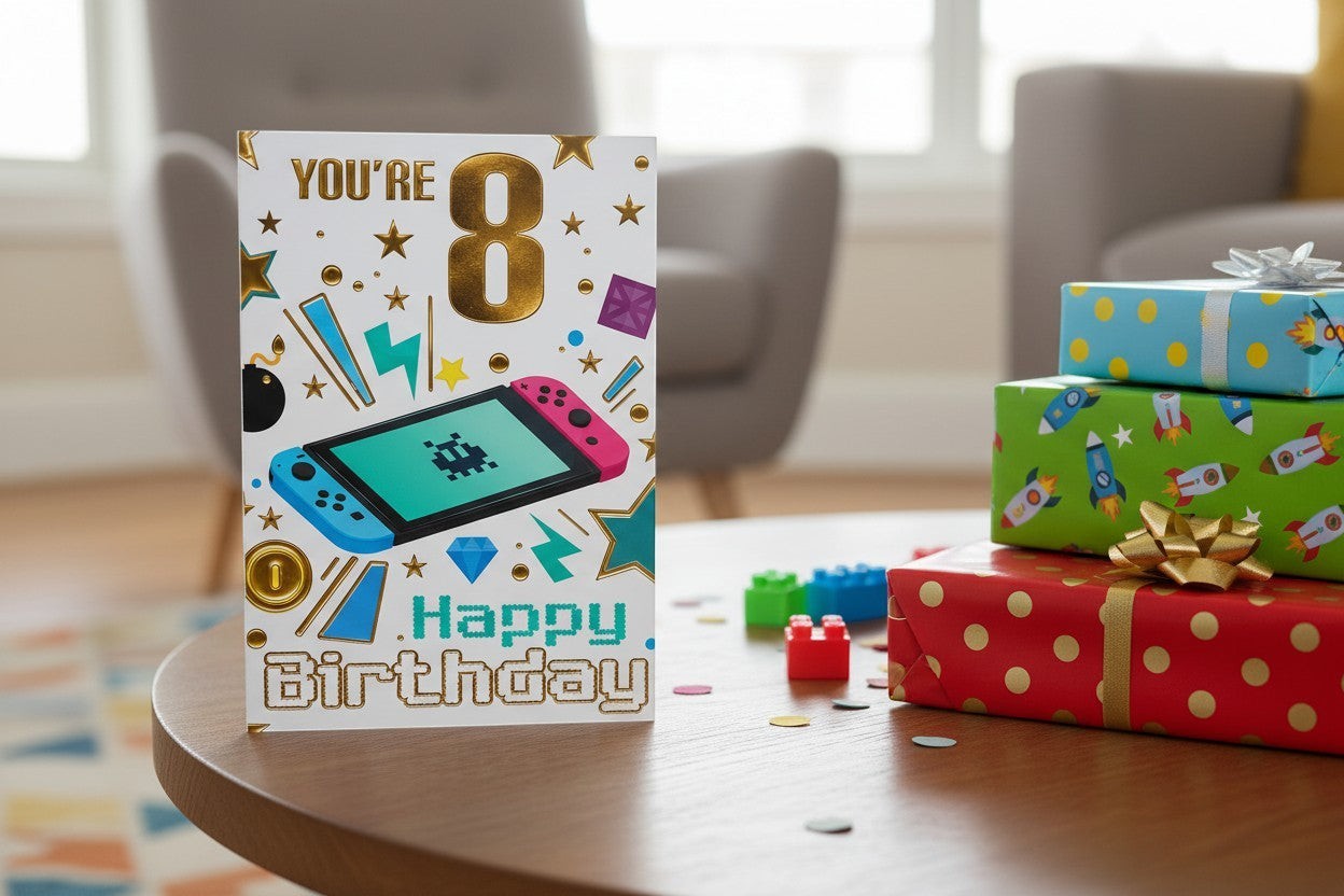 Made To Be Treasured 8th birthday card featuring a colourful gaming console design on a wooden table with gifts.