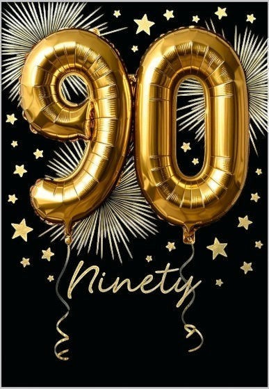 Made To Be Treasured Abacus 90th birthday card featuring gold foil balloon numbers on a black background with stars.