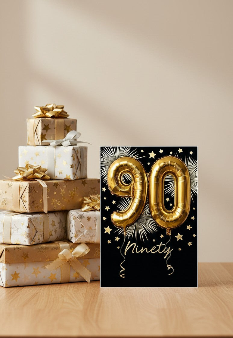 Made To Be Treasured Abacus 90th birthday card with gold foil balloon numbers on black background next to gift boxes.