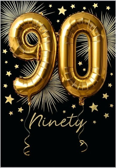 Made To Be Treasured Abacus 90th birthday card featuring gold foil balloon numbers on a black background with stars.